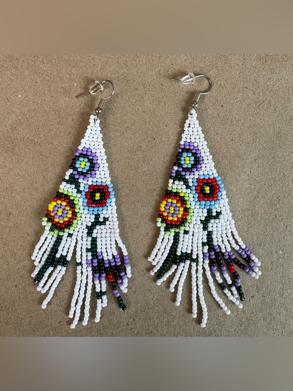 Handmade Beaded Fringe Earrings, Colorful White Boho Seed Bead Dangle Earrings